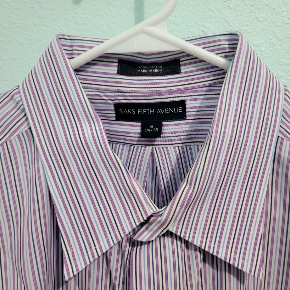 Saks Fifth Avenue Men's Purple/White/Blu Striped Cotton Shirt 18 34/35 LS Butto